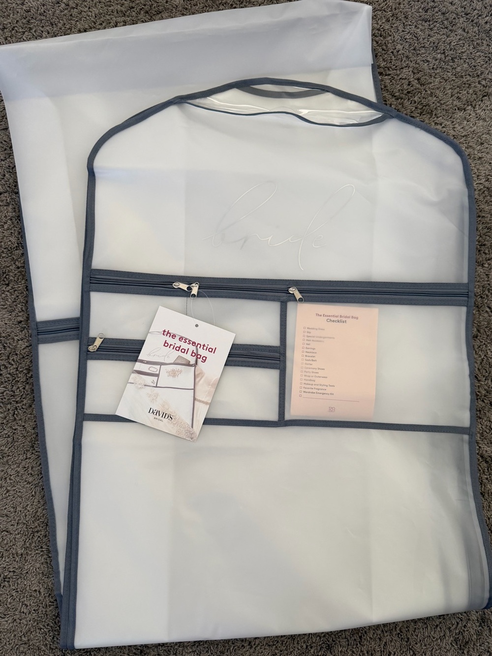 David's Bridal White Bridal Garment Bag with Gray Trim and Pockets